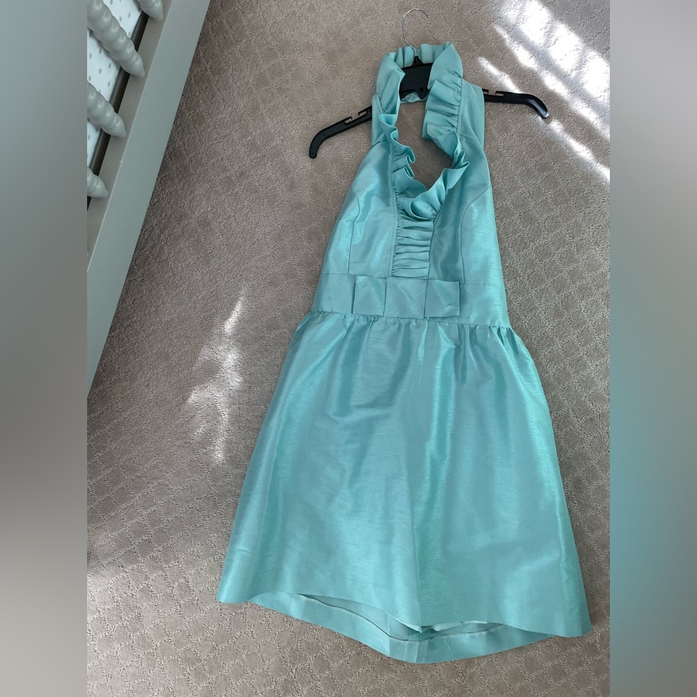 Salted Sung size 14 ruffled halter neck cocktail dress in aqua/mint  fit /flare